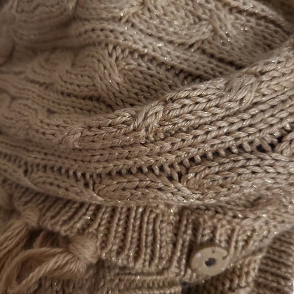 Chico's Tan Gold Thread Fringed Shawl Cardigan Sweater Size XS/2 - Picture 5 of 8